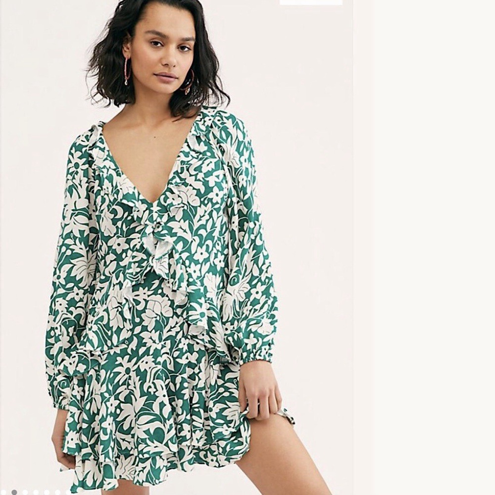 Free People Women's Rebecca Floral Mini Casual Ruffle Green Dress Size Medium